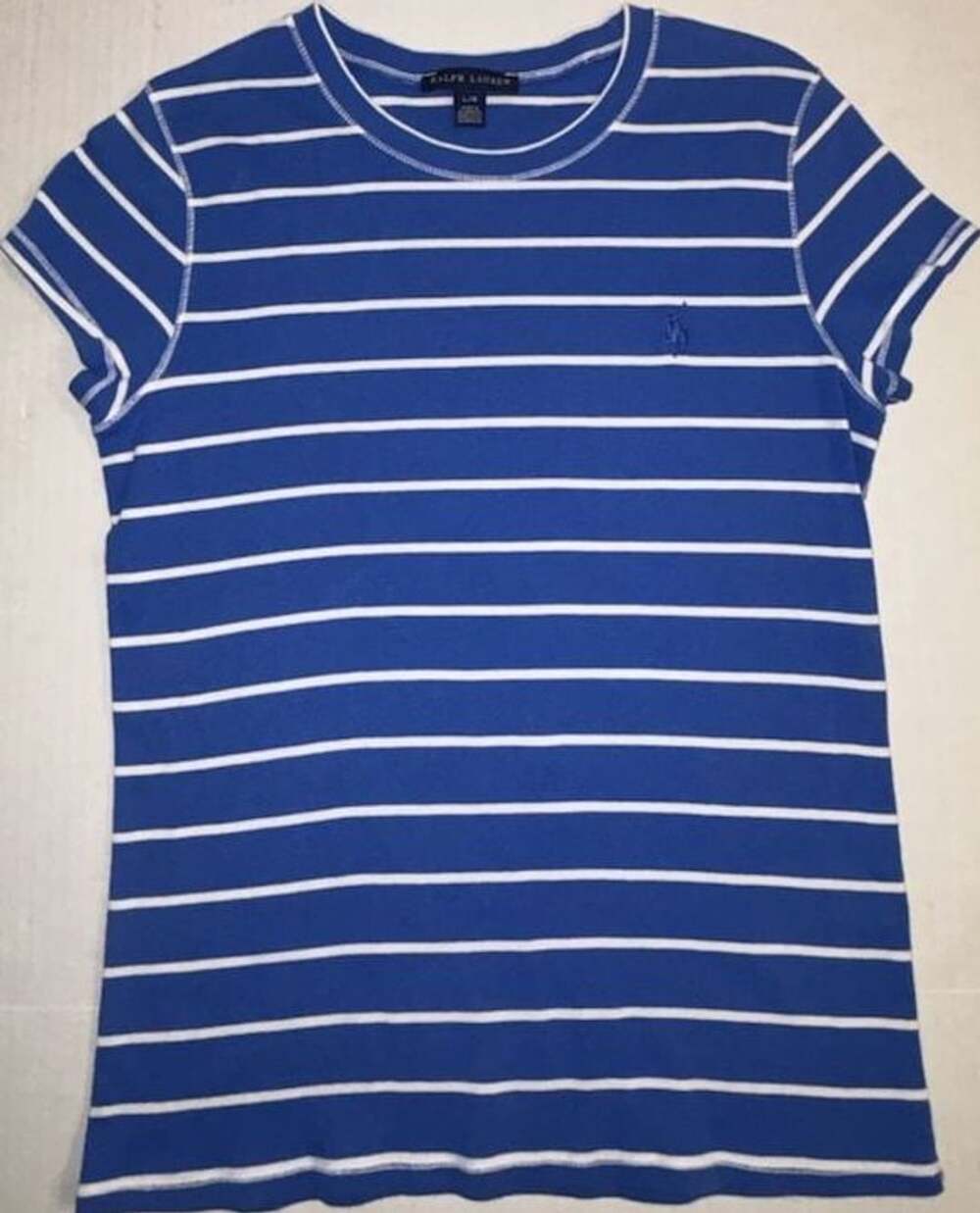 Ralph Lauren Striped T-Shirt Size L/G Blue White Short Sleeve Logo Tee